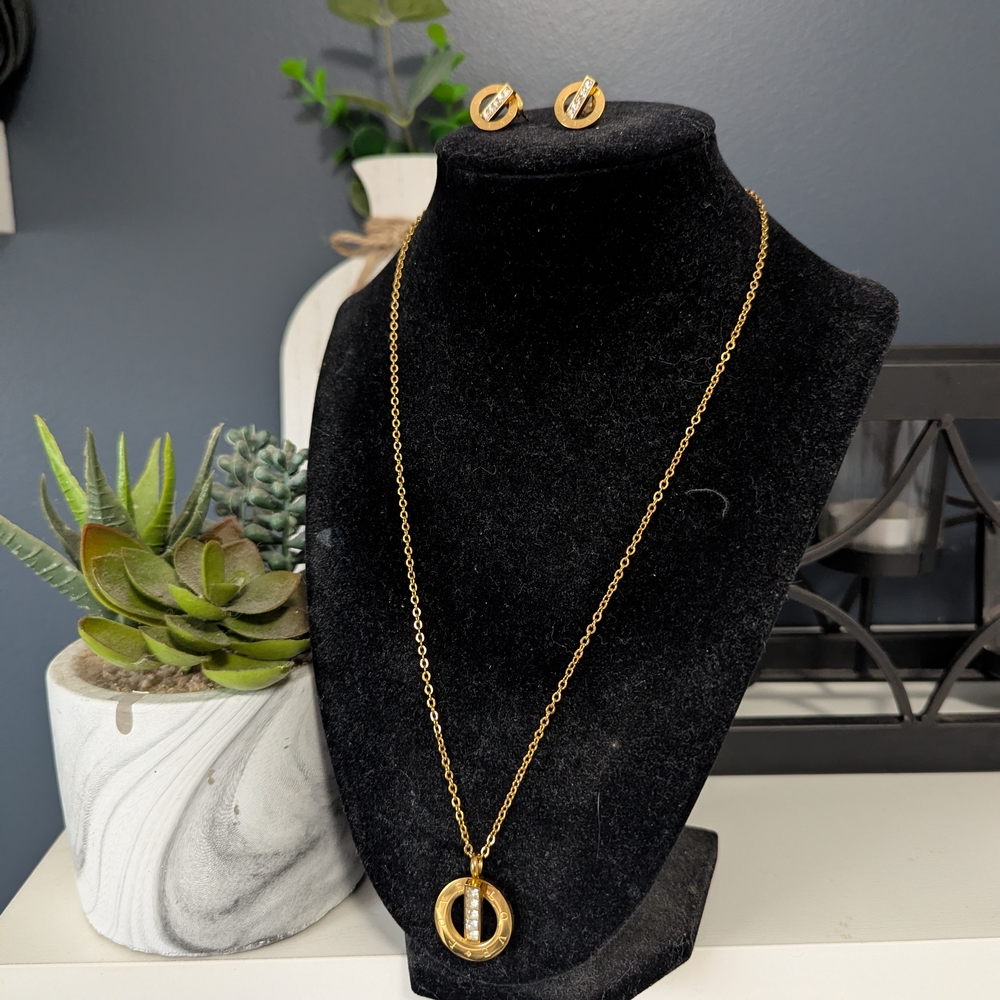 Gold-Plated Stainless Steel Pendant Necklace & Stud Earrings Set